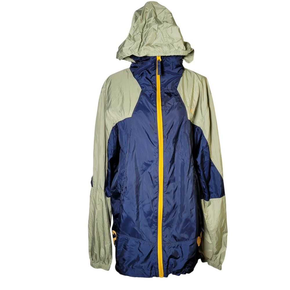 Columbia Windbreaker Jacket Mens M Blue Grey Yellow Hooded Packable Gorpcore